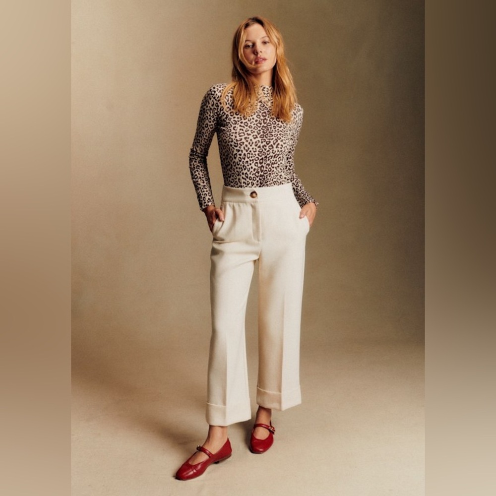 Sezane Cream Wide-Leg Cropped Trousers